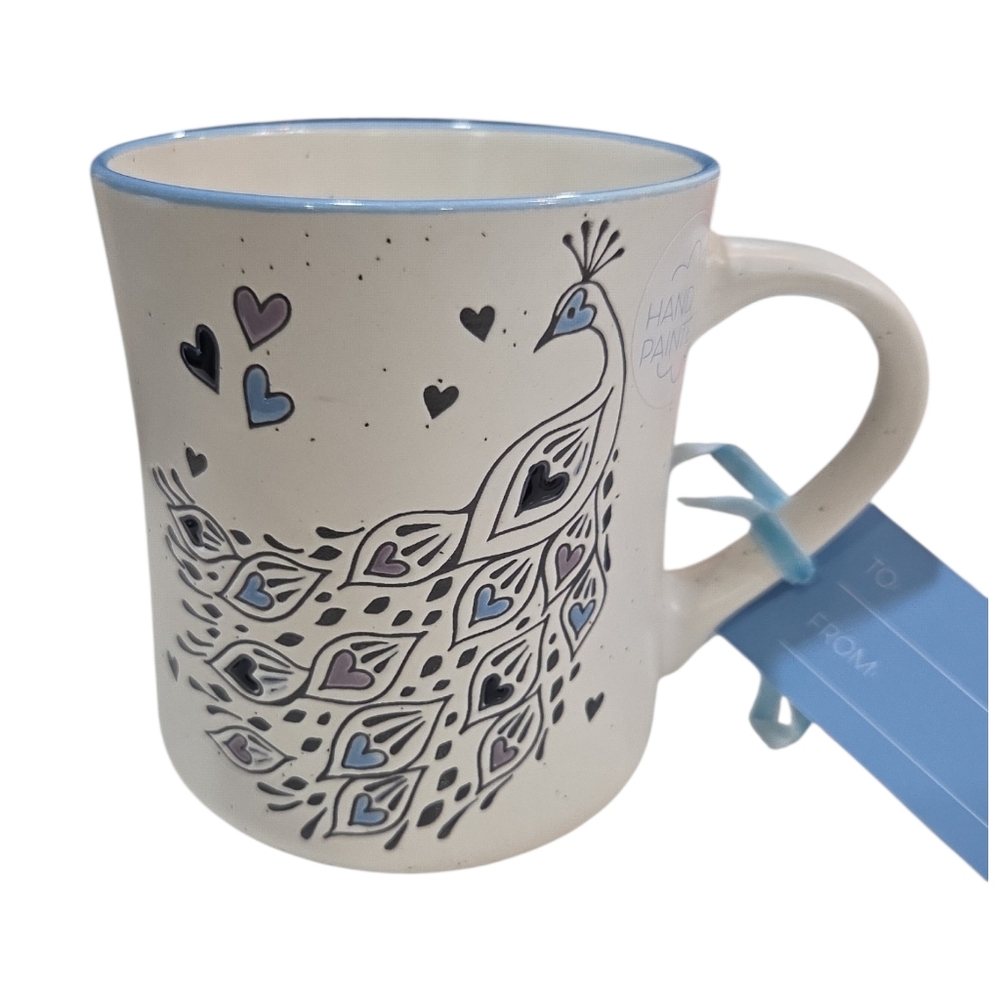 💙🔹️Petal & Pearl 🔹️Hand-Painted Peacock Mug - Cream and Blue